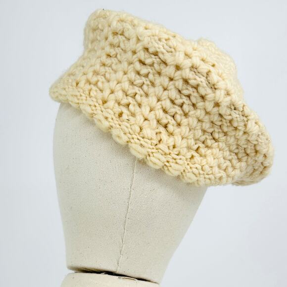 70s Chunky Knit Cream Beret Tam 100% PURE WOOL Hat - Picture 3 of 7